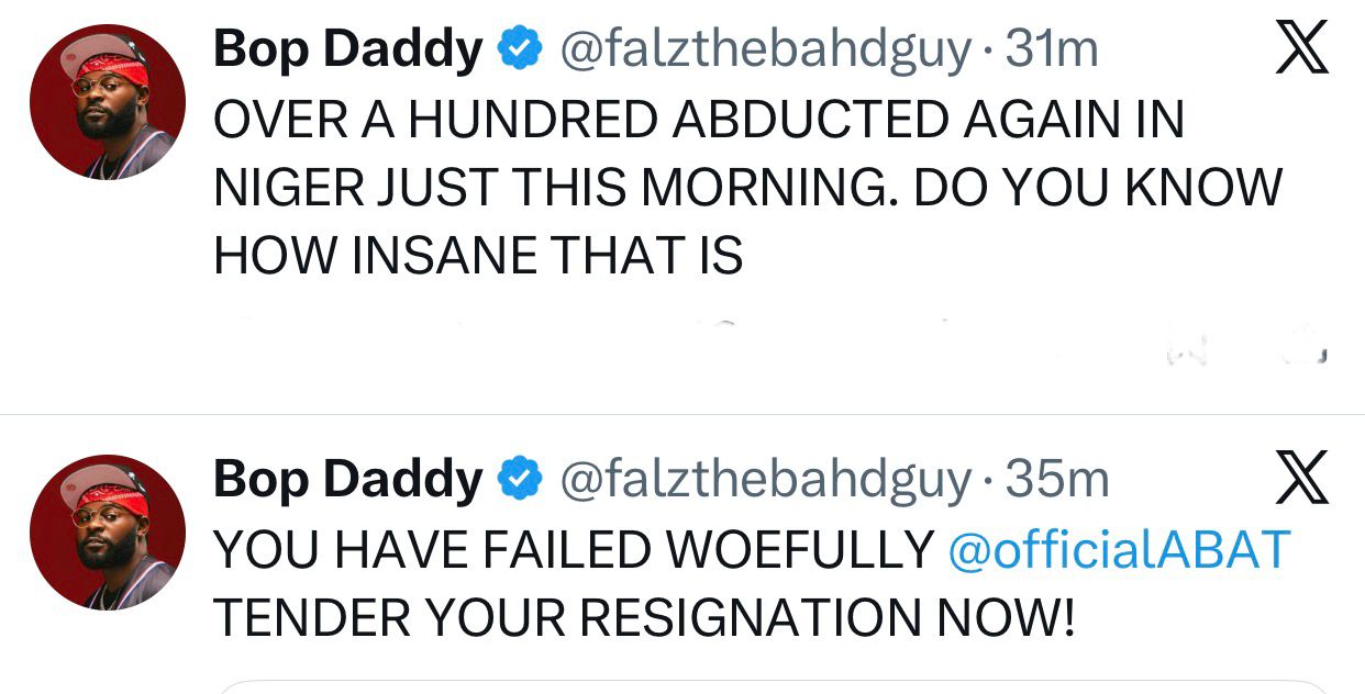 You have failed woefully. Tender your resignation - Rapper, Falz tells President Tinubu following the abduction of 32 pupils in Niger state